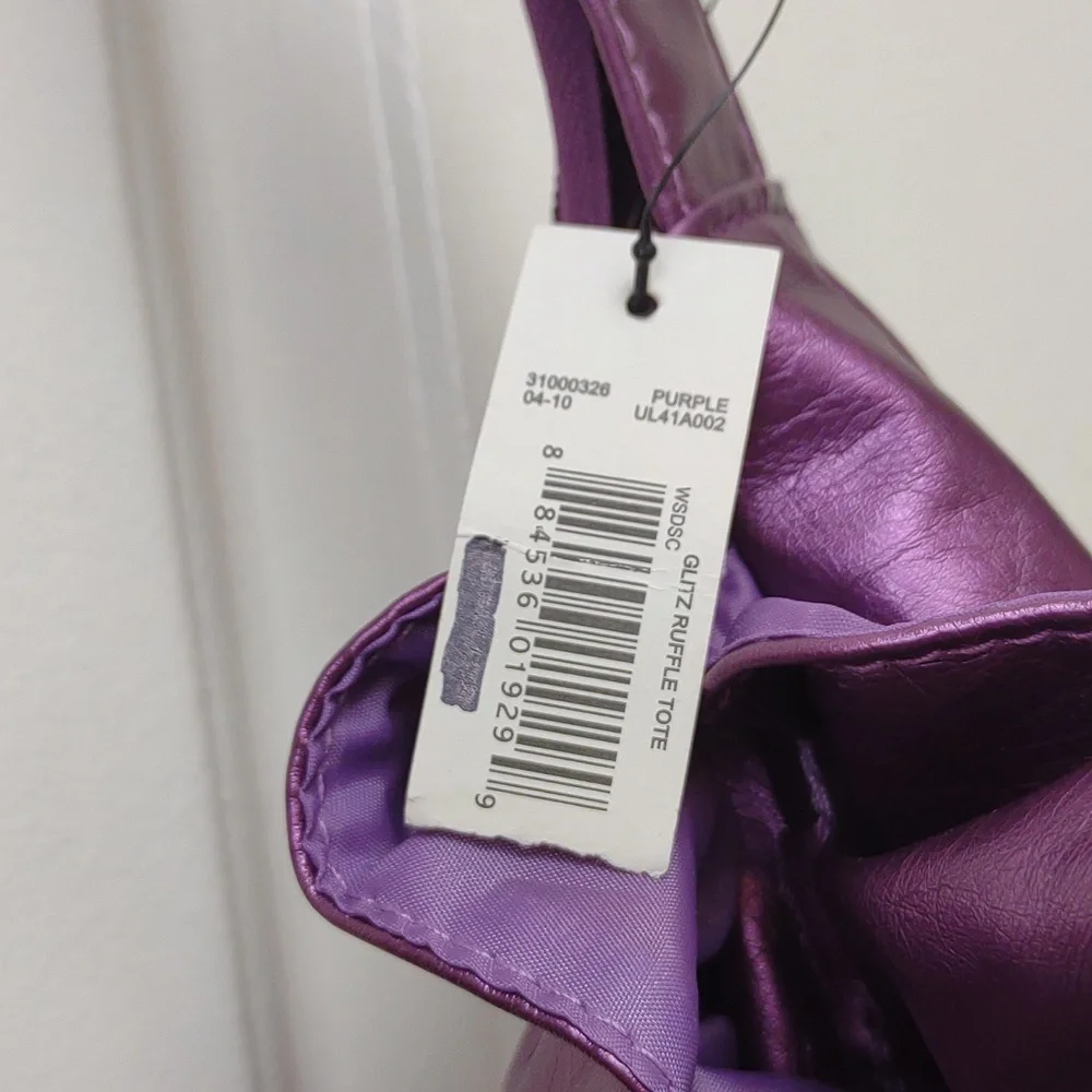Metallic Purple Ruffles Zip Top Faux Leather Hobo Shoulder Tote Bag NWT
